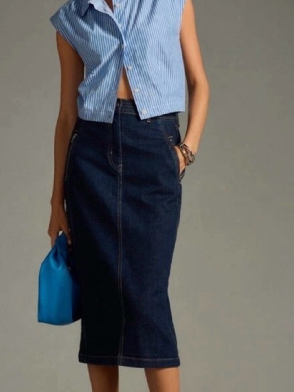 Pilcro Anthropologie High Rise Coastal Cowgirl Y2K Midi Blue Denim Jean Skirt